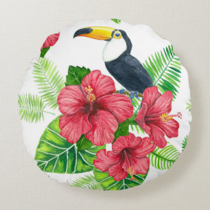 Toucan and tropical bouquet round pillow