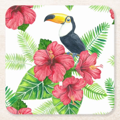 Toucan and tropical bouquet square paper coaster