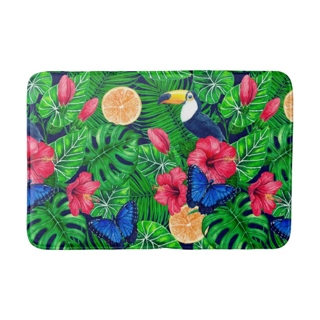 Toucan and tropical garden watercolor bath mat (Front)