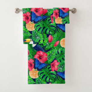 Toucan and tropical garden watercolor bath towel set