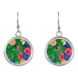 Toucan and tropical garden watercolor earrings