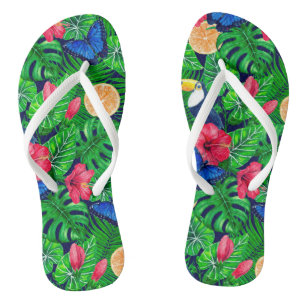 Toucan and tropical garden watercolor flip flops