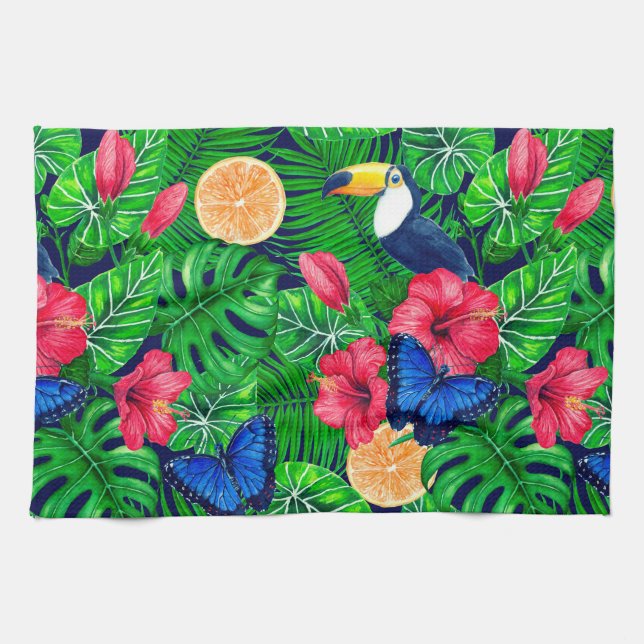 Toucan and tropical garden watercolor kitchen towel (Horizontal)
