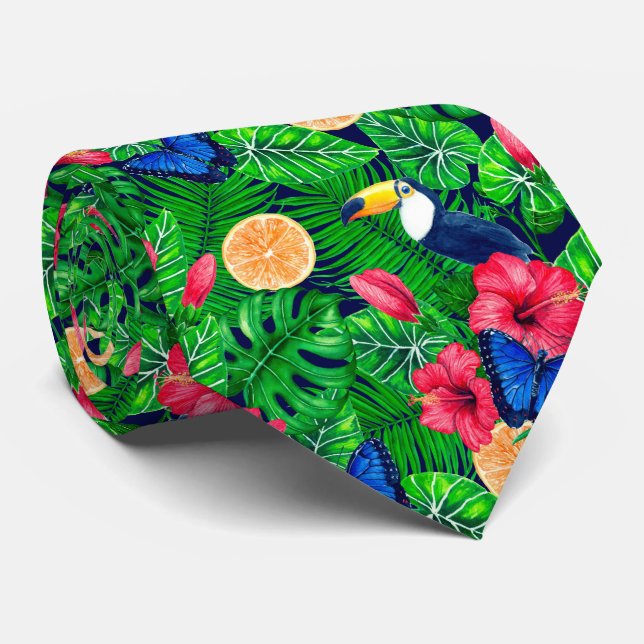 Toucan and tropical garden watercolor neck tie (Rolled)
