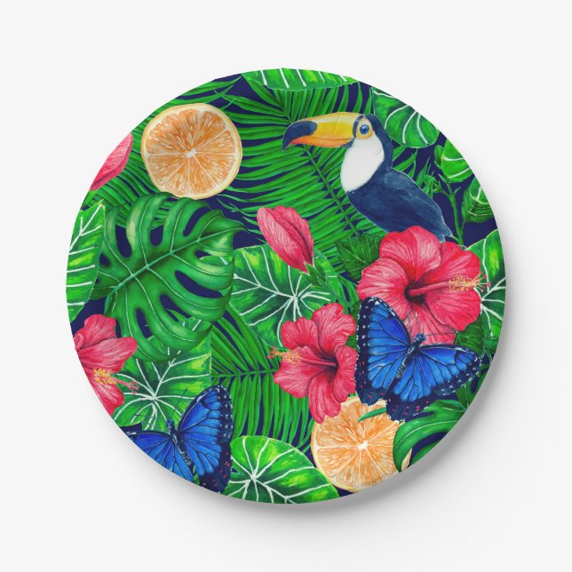 Toucan and tropical garden watercolor paper plates (Front)