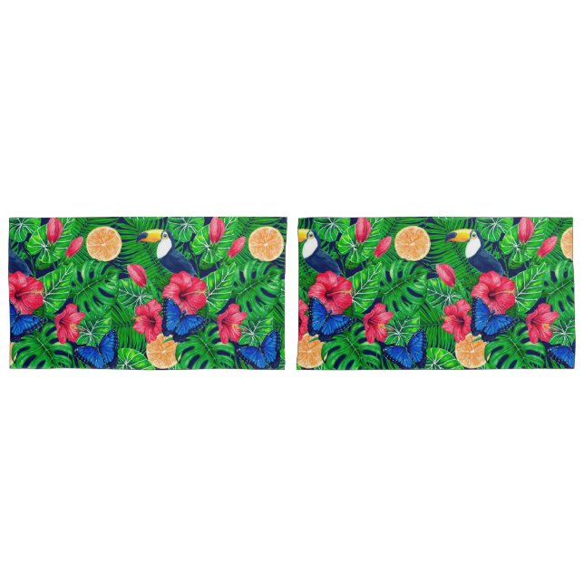 Toucan and tropical garden watercolor pillow case (Front-Set)