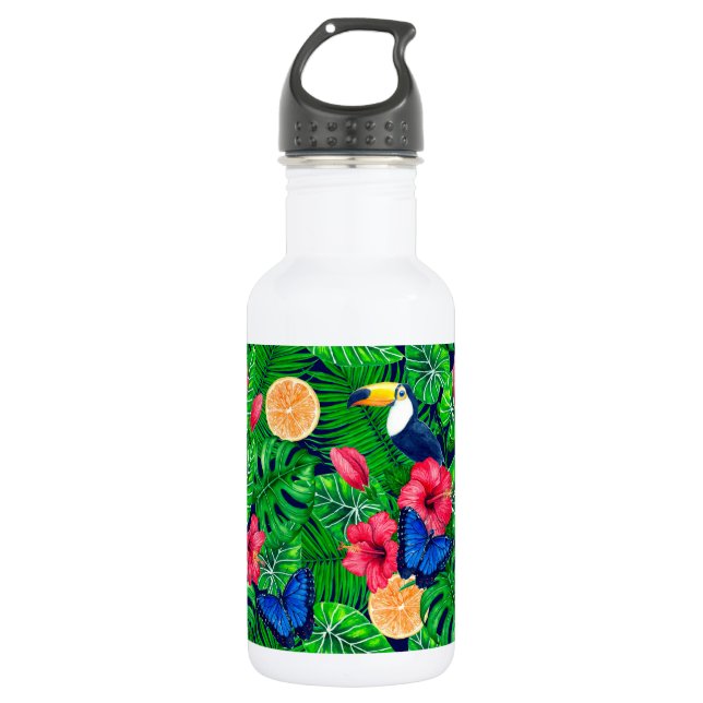 Toucan and tropical garden watercolor stainless steel water bottle (Front)