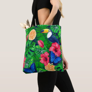 Toucan and tropical garden watercolor tote bag