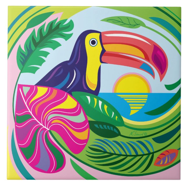 Toucan and Tropical Leaves Ceramic Tile (Front)