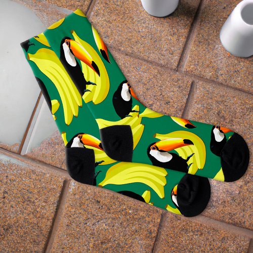 Toucan Banana Tropical Birds Crazy Colorful Green Socks