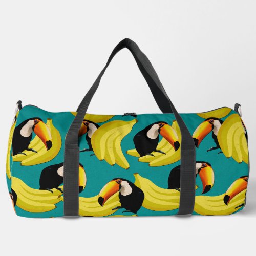 Toucan Bananas Tropical Teal Birds  Fruit Pattern Duffle Bag