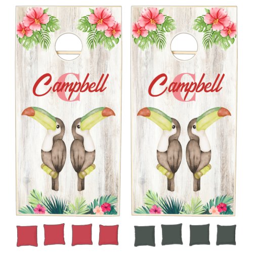 Toucan Beach House Family Monogram Name Tropical Cornhole Set