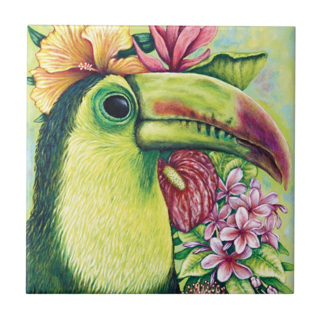 Toucan Bird Floral Tropical Green Art Ceramic Tile (Front)