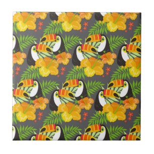 Toucan Bird Orange Tropical Flowers Green Leaves Ceramic Tile