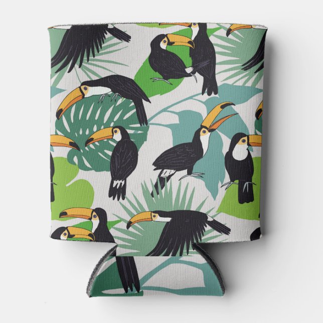 Toucan Bird: Palm Leaves Pattern Can Cooler (Front)