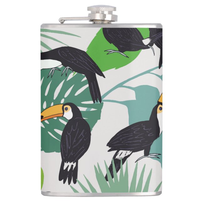 Toucan Bird: Palm Leaves Pattern Flask (Front)