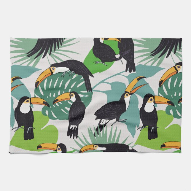 Toucan Bird: Palm Leaves Pattern Kitchen Towel (Horizontal)