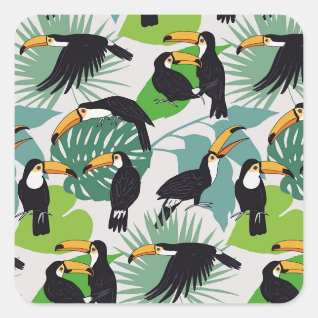 Toucan Bird: Palm Leaves Pattern Square Sticker (Front)