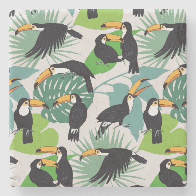 Toucan Bird: Palm Leaves Pattern Stone Coaster (Front)