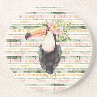 Toucan Bird Pink Green Stripes Coaster