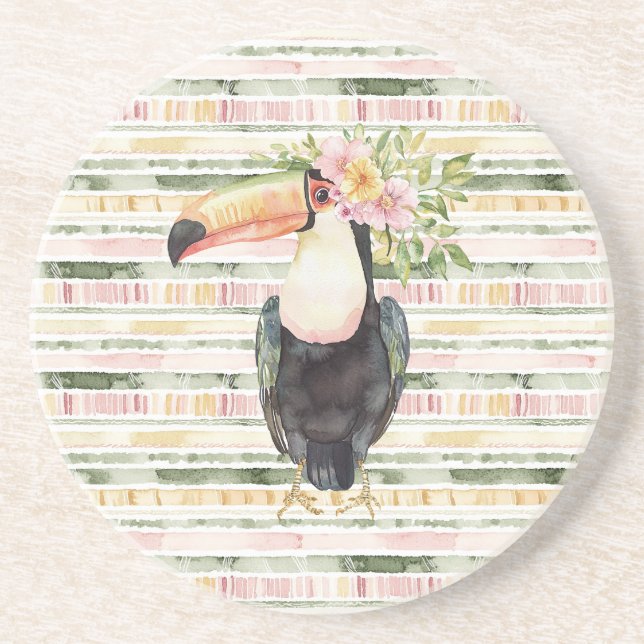Toucan Bird Pink Green Stripes Coaster (Front)