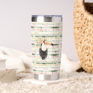 Toucan Bird Pink Green Stripes Insulated Tumbler
