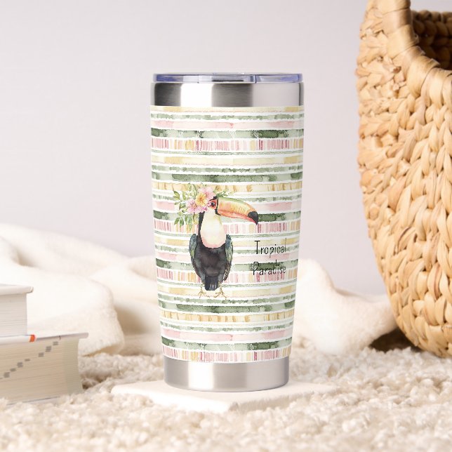 Toucan Bird Pink Green Stripes Insulated Tumbler (Living Room (Rotated))