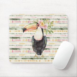 Toucan Bird Pink Green Stripes Mouse Pad