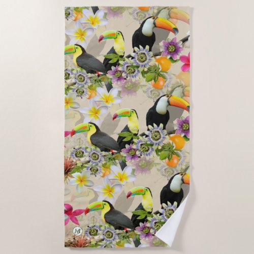 Toucan Birds Passion Flowers Plumeria Tropical B Beach Towel