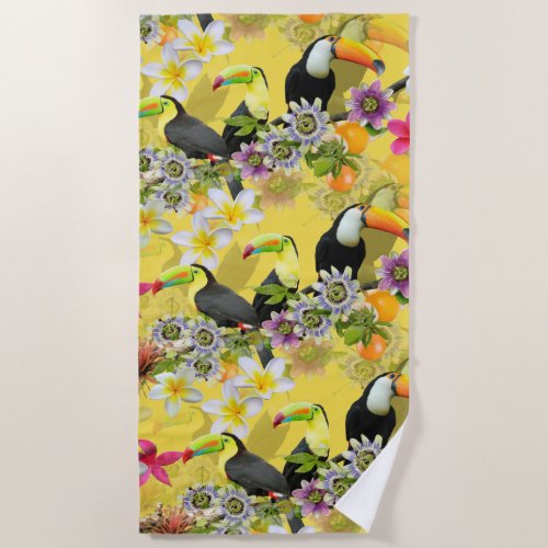 Toucan Birds Passion Flowers Plumeria Tropical B Beach Towel