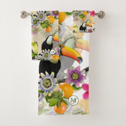 Toucan Birds Passion Flowers Plumeria Tropical Bath Towel Set