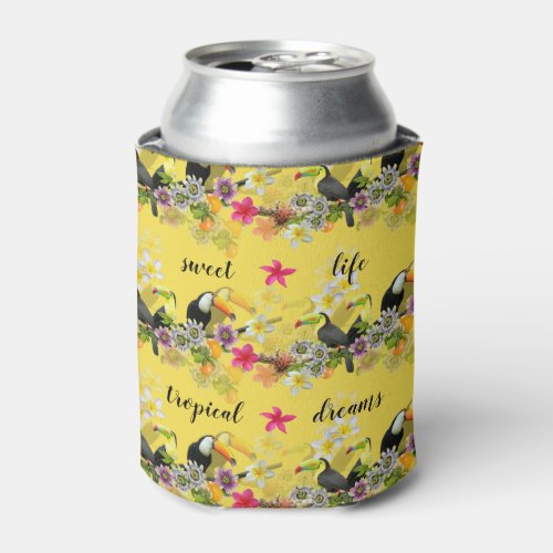 Toucan Birds Passion Flowers Plumeria Tropical Can Cooler