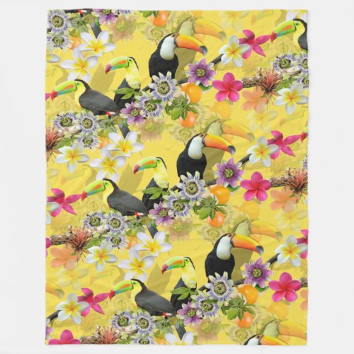 Toucan Birds Passion Flowers Plumeria Tropical F Fleece Blanket