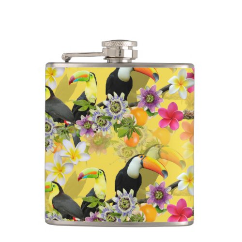 Toucan Birds Passion Flowers Plumeria Tropical H Flask