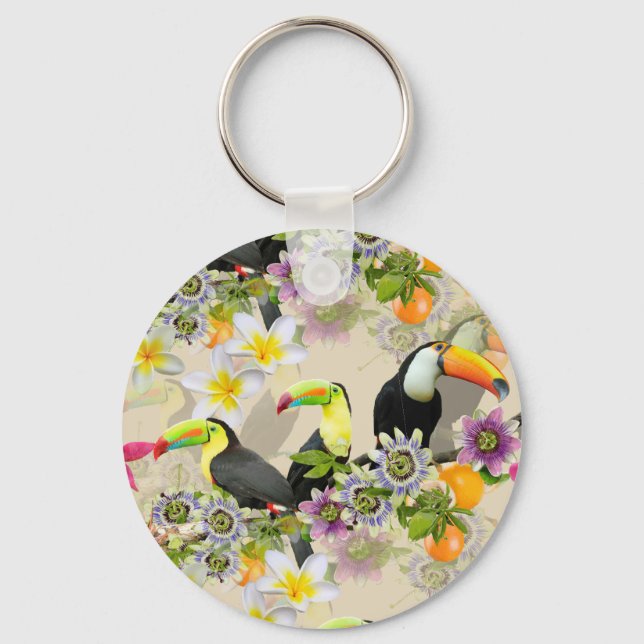 Toucan Birds, Passion Flowers, Plumeria Tropical Keychain (Front)