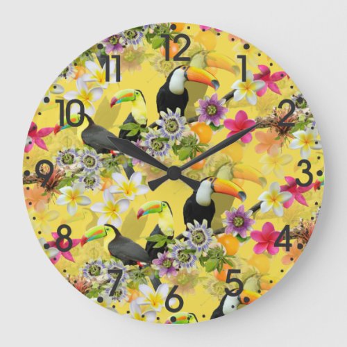 Toucan Birds Passion Flowers Plumeria Tropical L Large Clock