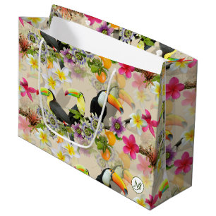 Toucan Birds, Passion Flowers, Plumeria Tropical L Large Gift Bag