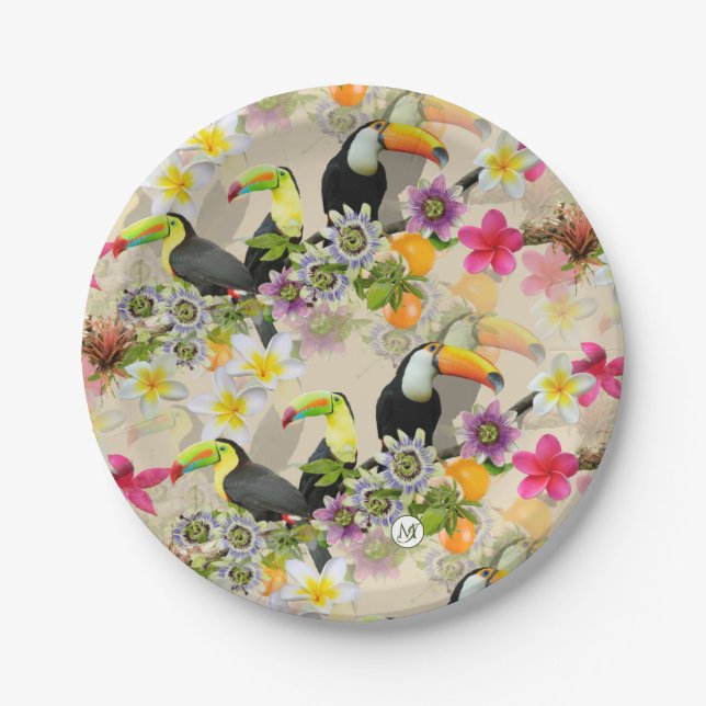 Toucan Birds, Passion Flowers, Plumeria Tropical P Paper Plates (Front)