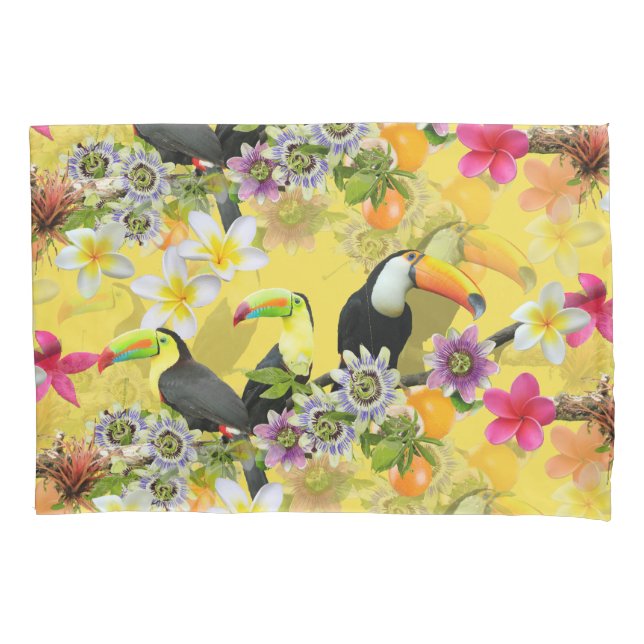 Toucan Birds, Passion Flowers, Plumeria Tropical Pillow Case (Front)