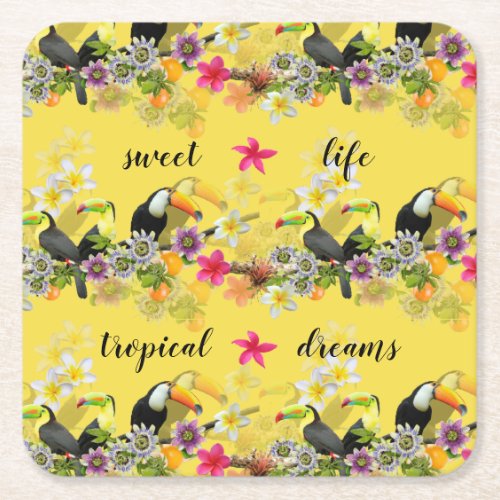 Toucan Birds Passion Flowers Plumeria Tropical Square Paper Coaster