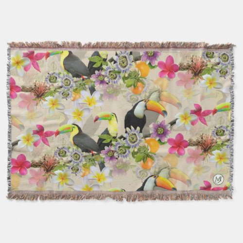 Toucan Birds Passion Flowers Plumeria Tropical T Throw Blanket