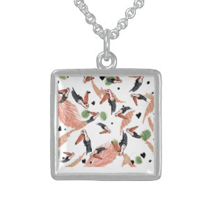 Toucan Birds Summer Tropical Greenery Art Sterling Silver Necklace