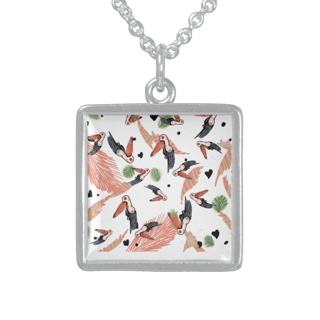 Toucan Birds Summer Tropical Greenery Art Sterling Silver Necklace (Front)