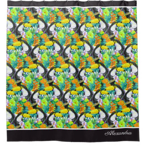 Toucan Black and White Monogram Tropical Flower Ba Shower Curtain