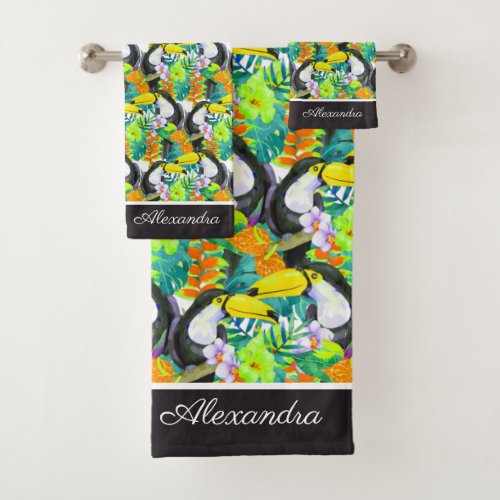 Toucan Black and White Monogram Tropical Flower Bath Towel Set