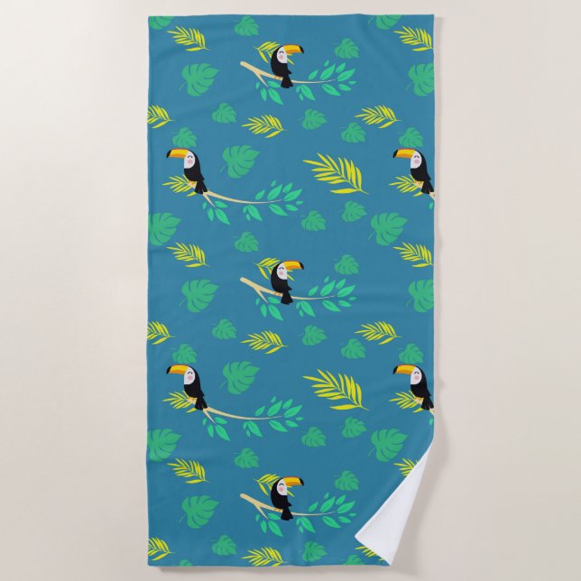 Toucan Blue and Green Tropical Rainforest Beach Towel (Front)