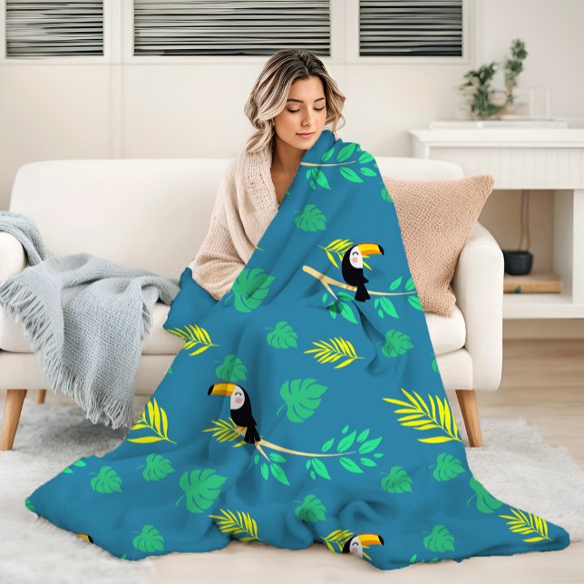 Toucan Blue and Green Tropical Rainforest Fleece Blanket (Creator Uploaded)