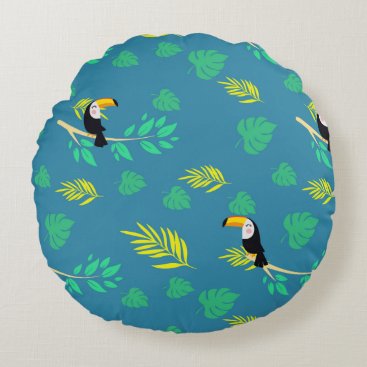 Toucan Blue and Green Tropical Rainforest Round Pillow