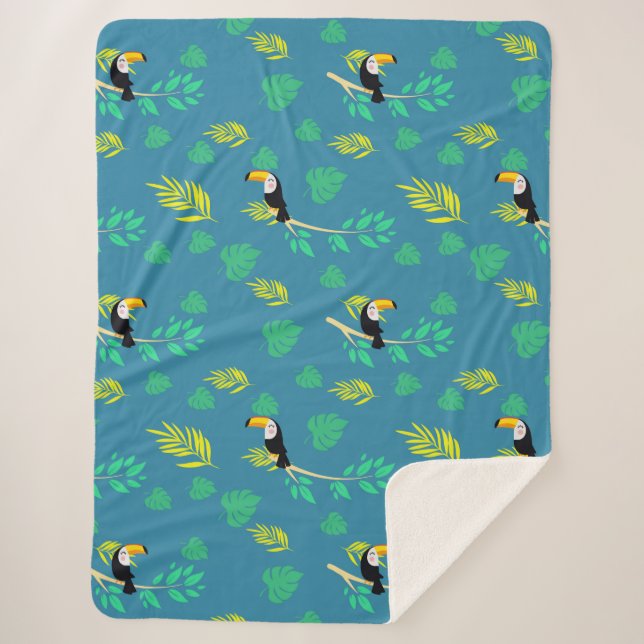 Toucan Blue and Green Tropical Rainforest Sherpa Blanket (Front)