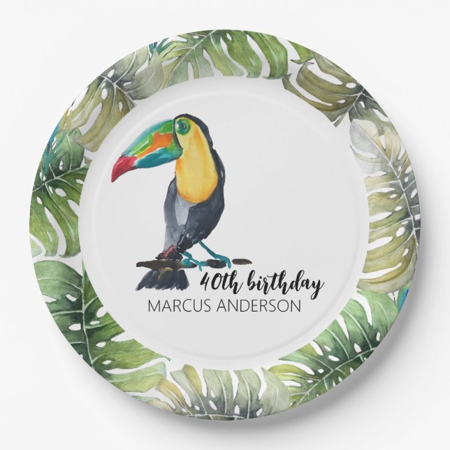 Toucan Exotic Watercolor Illustration Paper Plates (Front)